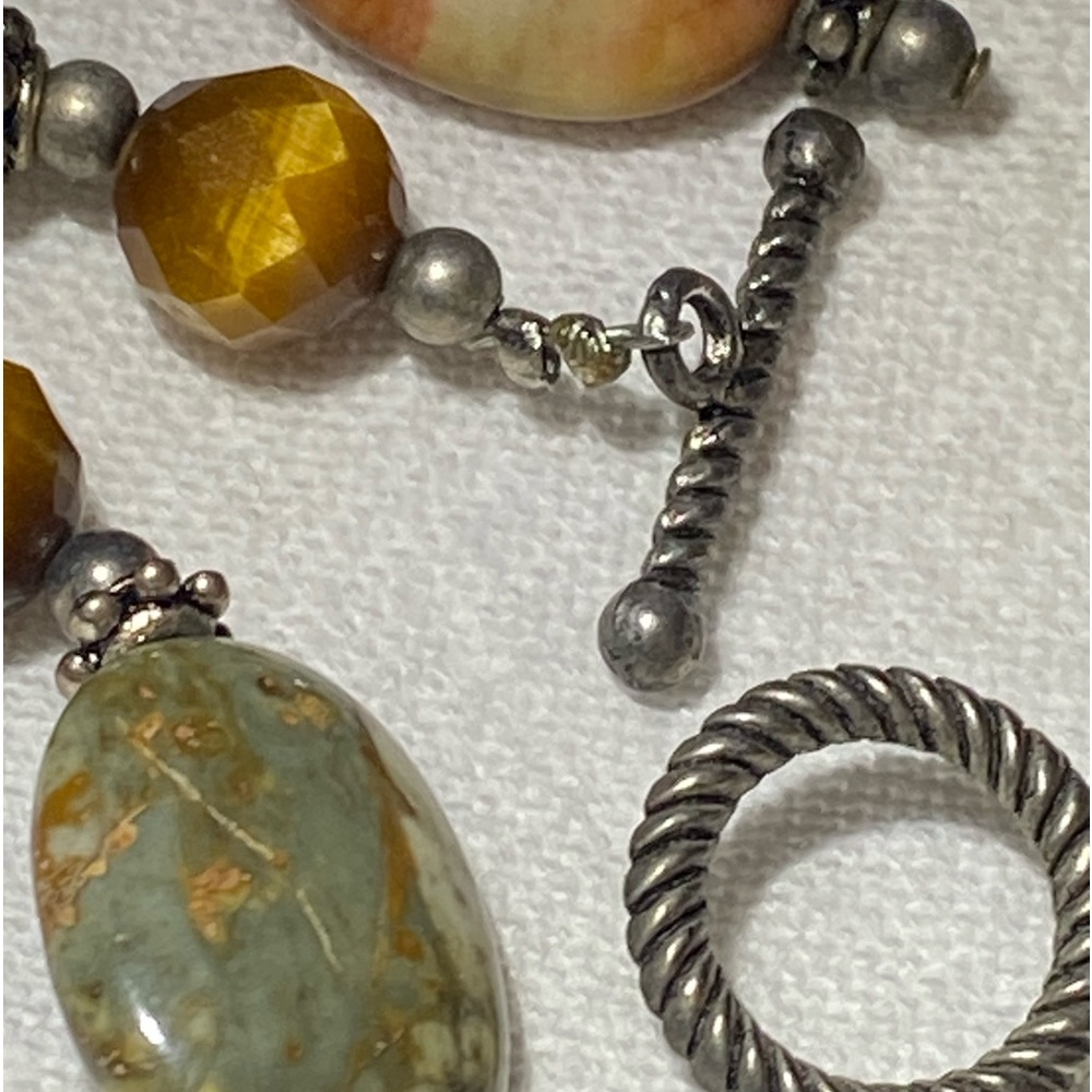 Necklace earrings set, oval polished natural stones w antique silver, tigers eye